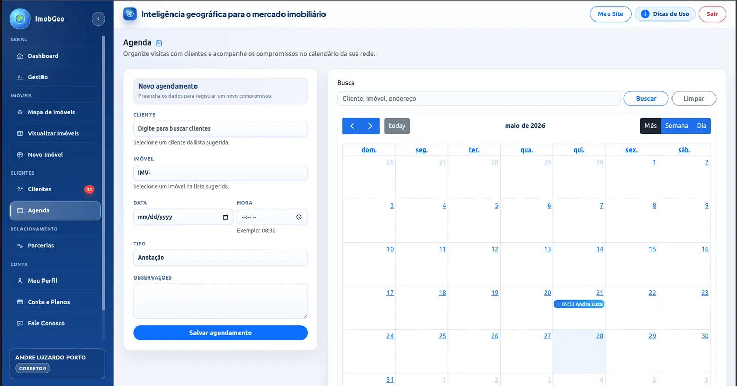 Tela de agenda da plataforma ImobGeo