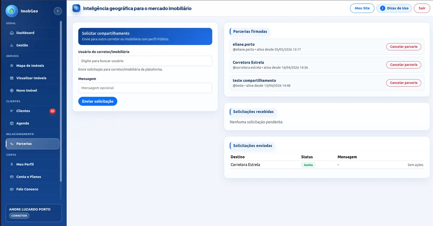Tela de parcerias da plataforma ImobGeo